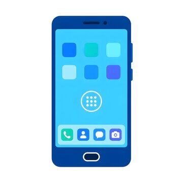 Modern blue smartphone illustration displaying a clean mobile application interface with communication, contact, messaging, and camera symbols. Isolated on a white background for mobile technology and