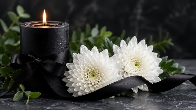 Black candle with white chrysanthemums and ribbon for funeral ceremony