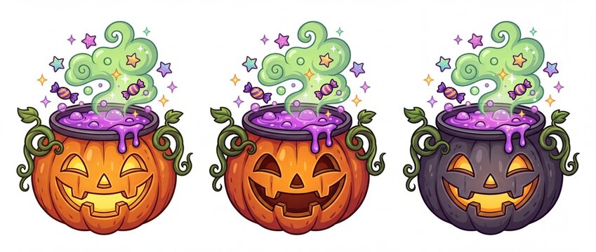 Set of three cute halloween pumpkin cauldrons with magic potion and candy isolated on white background
