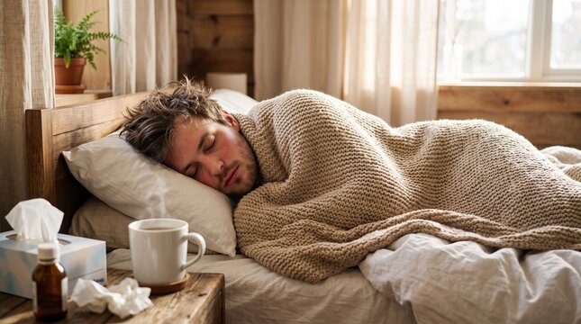 Young man resting in bed with cold or flu symptoms, indoor setting