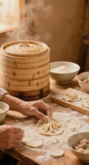 Fototapeta premium Hands shaping dumplings on floured wooden table with bamboo steamer and bowls, home kitchen scene of traditional preparation and steaming comfort food