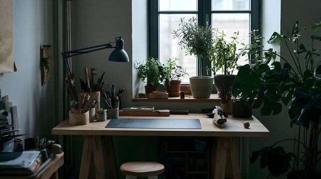A wooden worktable surrounded by potted plants under soft window light  featuring art tools and a drafting mat for focused creative tasks