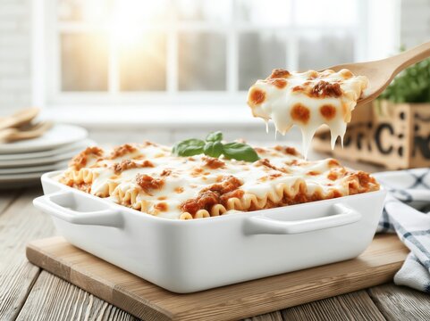 Delicious homemade baked lasagna with melted cheese on a rustic wooden table in a bright kitchen interior with sunlight pou in through large