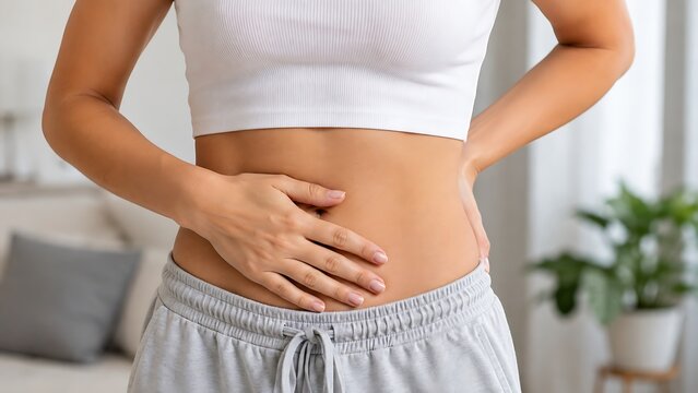 Woman hands touching stomach feeling digestion discomfort or health concerns