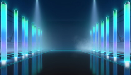 Naklejka premium Sci-fi teal neon corridor with reflective floor background 反射する床とティールのSFネオン通路背景