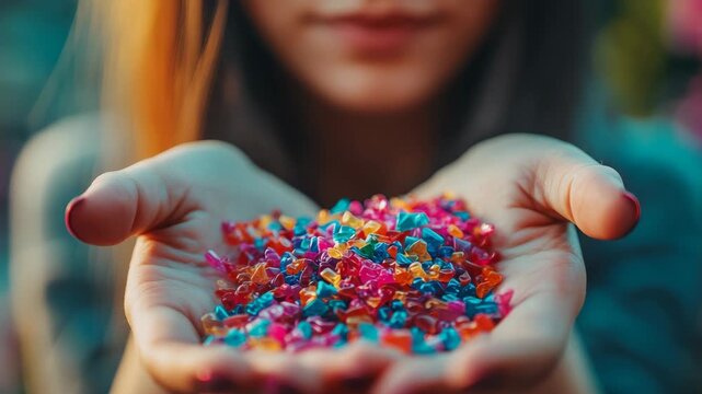 Soft-focus hands cradle colorful glitter. Warm tones highlight delicate fingers. Childlike joy radiates from the display. Glitter bursts in vivid hues. Close-up captures innocence and wonder