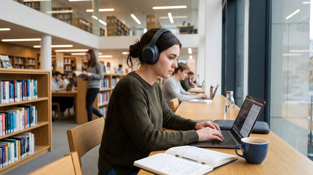 Focused female college student wearing noise canceling headphones studying in a modern university library using a laptop for research and online learning with large bookshelves and bright windows