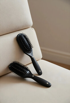 Two black hairbrushes with silver accents resting on a beige upholstered chair, personal care and beauty routine, this image personal care beauty routines and grooming essentials in a domestic