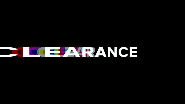 Clearance. Kinetic typography animation, RGB split visual effect for seasonal sale, offers, promotion. 4K motion graphic video with alpha channel transparency for broadcast, company ads, social media.