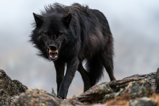Fierce shaggy black wolf snarling with exposed teeth, standing on rocky terrain in a natural outdoor setting with blurred background elements