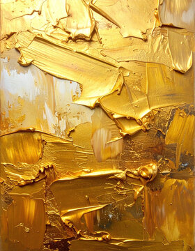 This textured abstract golden oil painting evokes luxury and warmth. Rich impasto metallic paint strokes on canvas create a sophisticated background, perfect for elegant designs. Nobody.