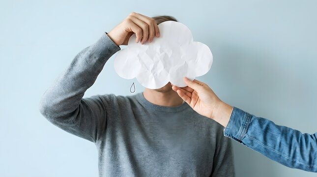 World mental health day man holding a paper cloud over his face with a drawn raindrop, while a womans hand reaches out to touch it, representing sadness or depression