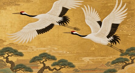 Obraz premium Two red crowned cranes in flight above stylized pine trees and traditional roofs on gold lacquer background, decorative east asian art print evoking harmony and movement
