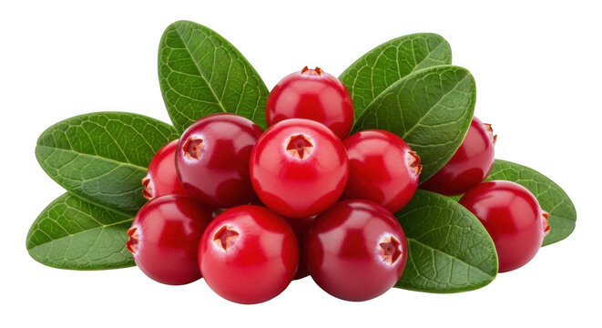 Fresh red cranberries with green leaves isolated on transparent background