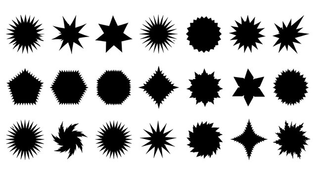 Black star burst shapes collection featuring diverse geometric radial icons