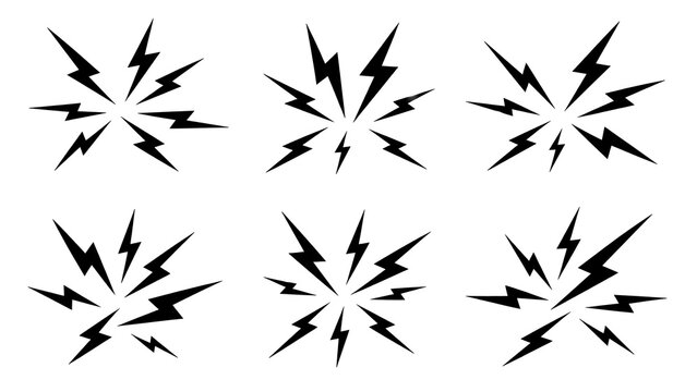 Black thunder bolt shapes collection featuring energetic lightning flashes