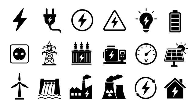 Electrical energy icon set showing power generation and transmission symbols