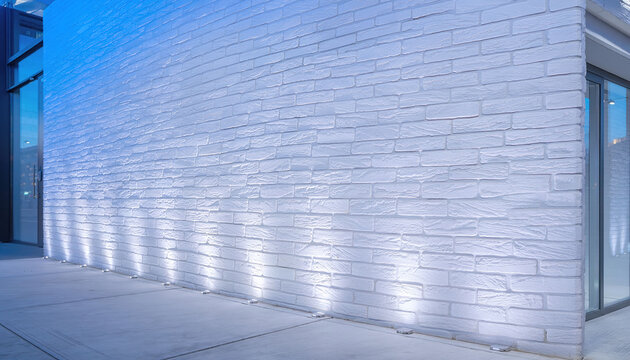 Modern white brick wall exterior illuminated by bright ground uplights at night. This clean, stylish architectural background evokes a sleek, futuristic feeling with no people.