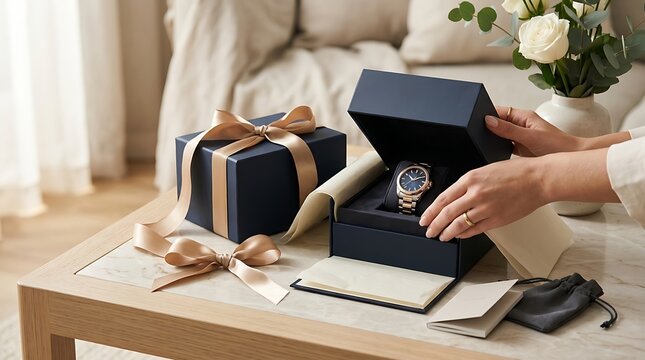 Hands opening a luxurious watch gift box with ribboned presents on a table during soft daylight