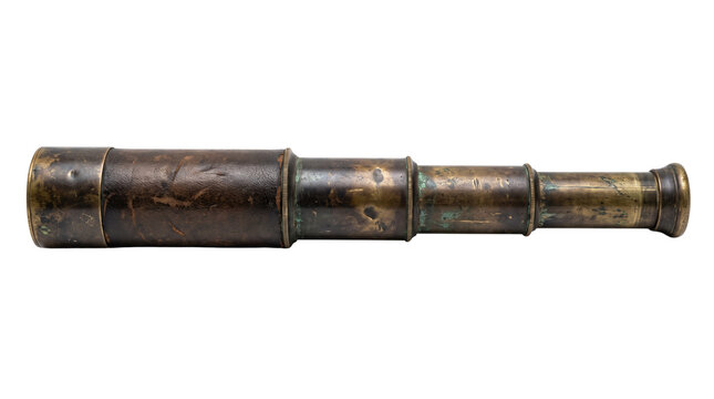 Antique brass leather nautical spyglass isolated on transparent background png