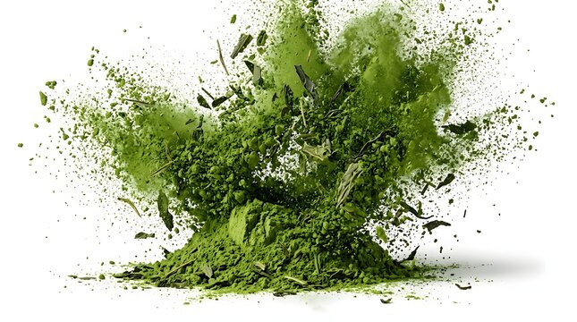 Dynamic explosion of vibrant green matcha powder and dried tea leaves isolated on white for healthy organic beverage and wellness advertising
