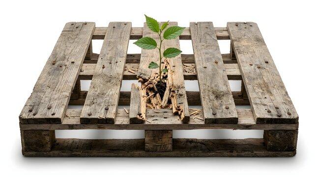 Green sapling growing through a broken wooden shipping pallet isolated on white for sustainable supply chain and business resilience concepts