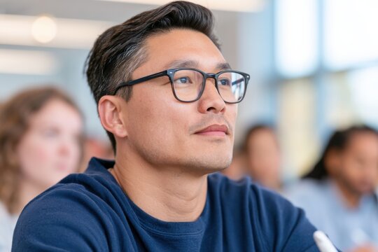 Young Asian man attentively listening during a career seminar, seated among diverse audience members in a bright, modern conference room setting