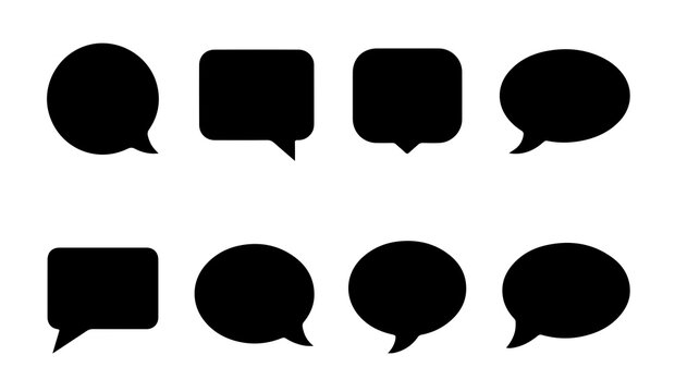 Black speech bubble icons set with round and square talk balloons for communication interface and web design.
