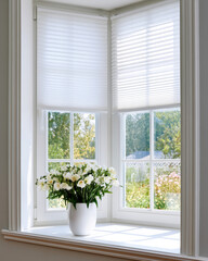 Fototapeta premium Bright Bay Window with White Blinds Flower Vase and Clean Copy Space