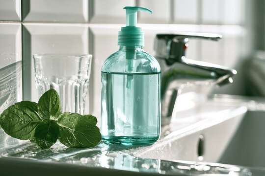 Clean bathroom sink with translucent aqua soap dispenser, glass, and fresh mint leaves arranged neatly on the countertop, reflecting light in a modern setting