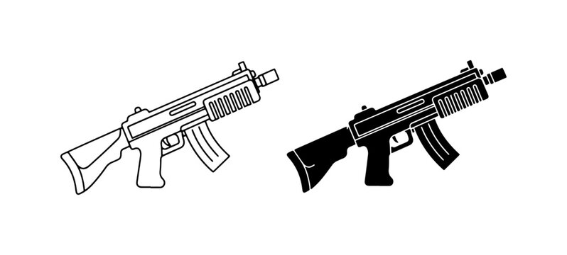 Submachine Gun Icons, Military Weapon Silhouettes, Assault Rifle Vector Graphics