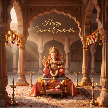 happy ganesh chaturthi with a ganesha idol in an indian temple.