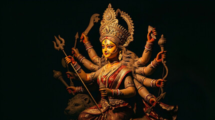 Fototapeta premium Goddess Durga Idol Holding Sacred Weapons, Wearing Ornate Gold Crown Against Black Background