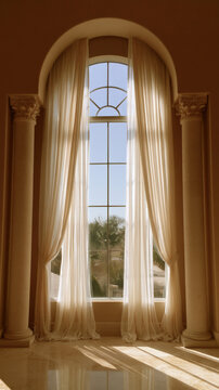 Tall Arched Window with Sheer Curtains and Warm Classical Interior Copy Space