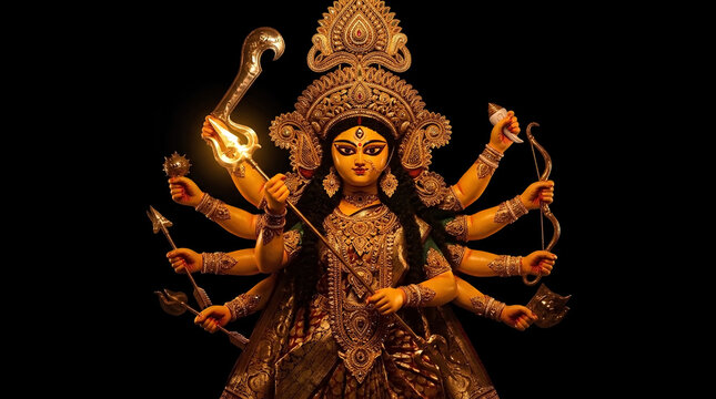 Ten Armed Goddess Durga Idol with Luminous Trident on Dark Background