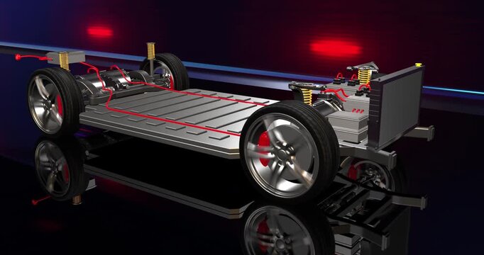 Sports EV zooming to dashboard start button battery and chassis layout. Detailed 3D render of EV engine parts.