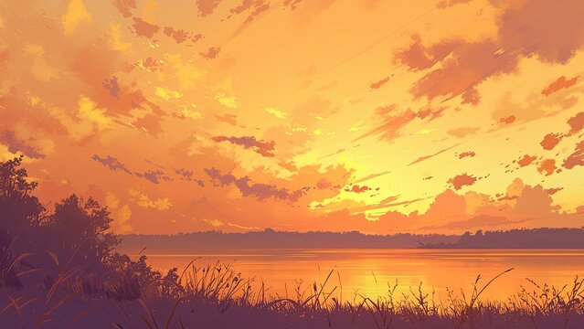 黄金色に染まる空と湖畔 穏やかな夕暮れの自然風景イラスト 背景素材