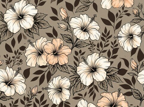 Seamless floral pattern with hibiscus flowers and dark leaves