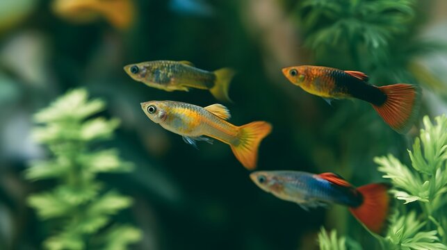 Four colorful guppies swim gracefully among lush green aquatic plants in a clear water environment