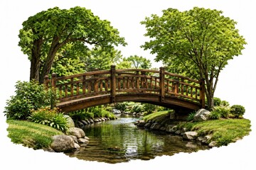 Fototapeta premium Small wooden bridge over a quiet stream in a sunny green garden