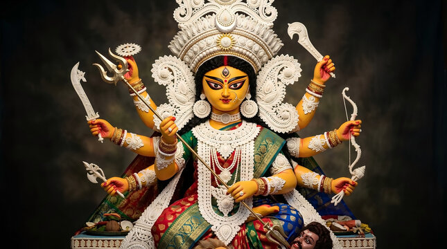 Goddess Durga Idol Adorned in Traditional White Ornaments with Divine Weapons