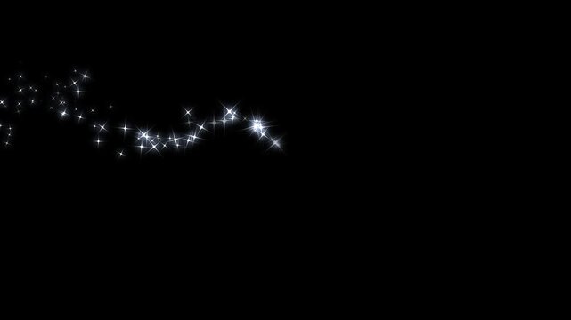 Twinkling star sparkle animation with white glitter trail, magic dust particles, fairy light path, glowing doodle stars, shimmering bokeh, fantasy transition effect on black background, 4k