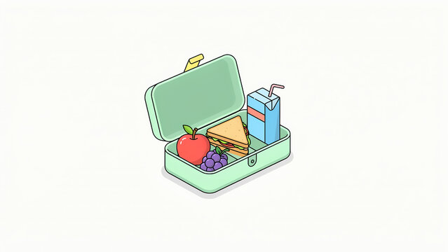 Healthy back to school lunch box vector illustration with sandwich apple grapes and juice pack