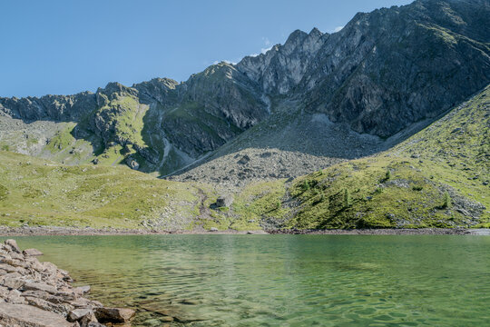 View of Lake Plafnersee at Graukogel, Bad Gastein and the Austrian Alps