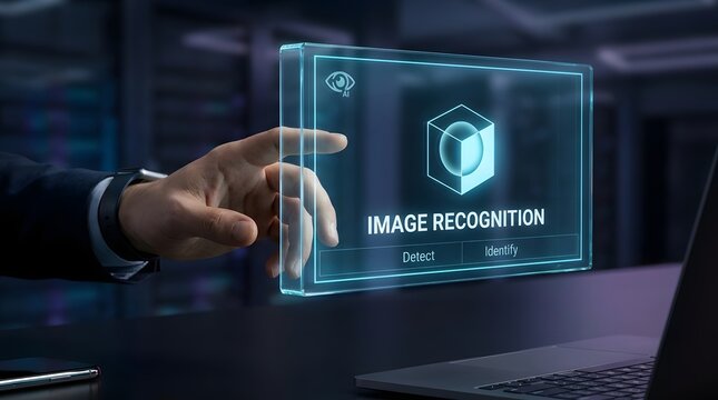 Businessman interacting with a digital interface showing image recognition technology in a modern office