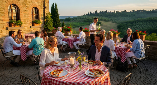 People dine at an outdoor restaurant terrace overlooking the scenic rolling hills of Tuscany.