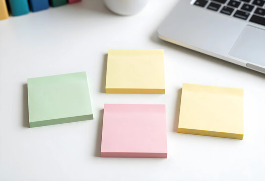 Colorful sticky notes and laptop on a clean white desk, office organization and productivity