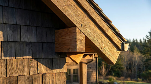 Detailed wooden cabin eaves and cedar shake siding bathed in warm golden hour sunlight.