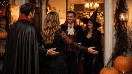 Fototapeta premium Friends welcoming guests in elegant Halloween costumes at a festive home party entrance with warm light