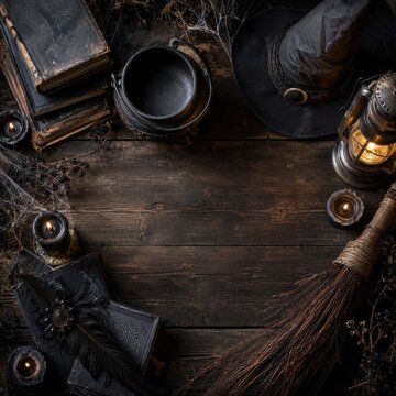 Halloween witchcraft background with vintage spell books cauldron broom candles and copy space